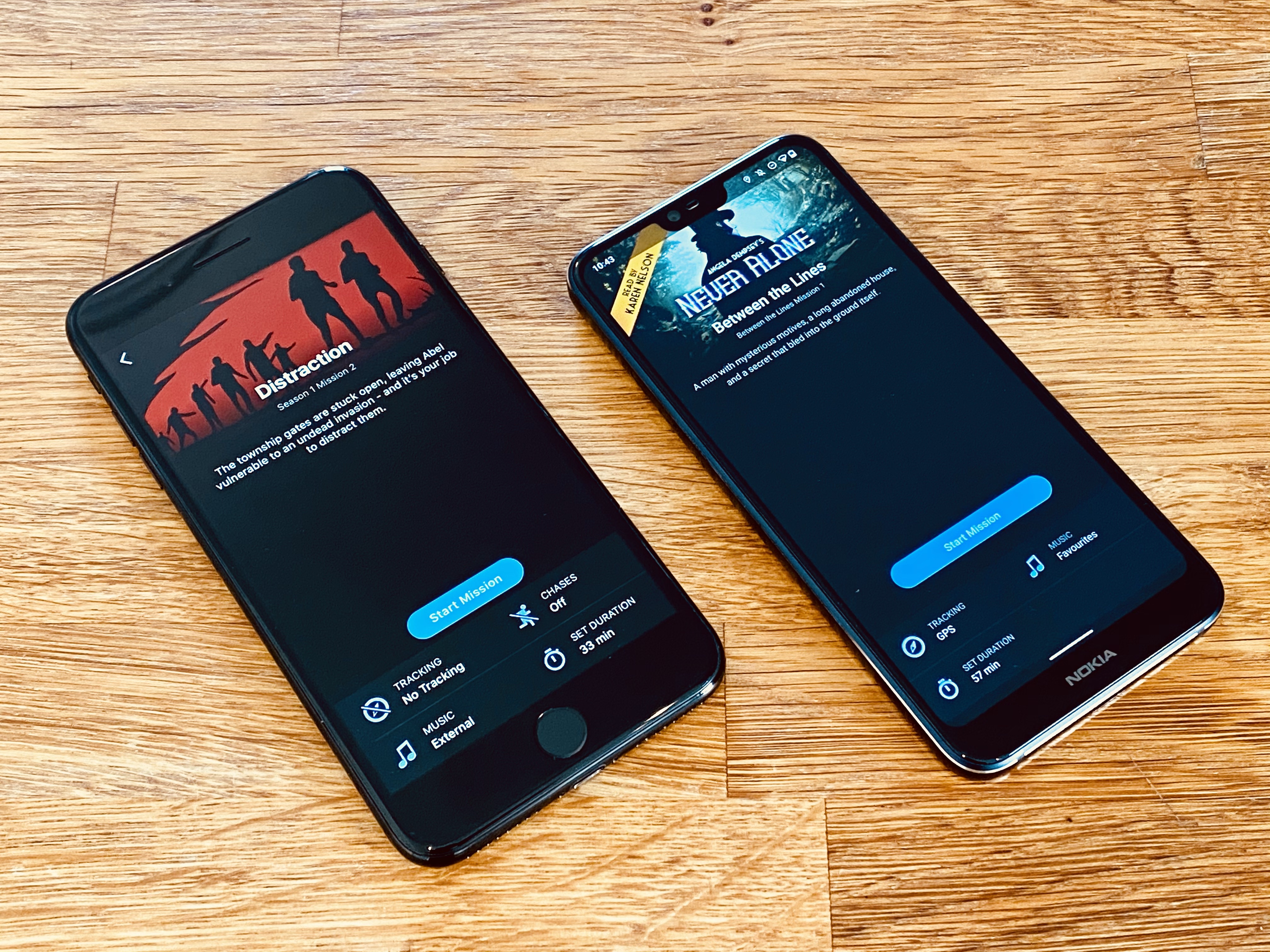 iPhone 7 Plus and Nokia 7.1 running Zombies, Run! on a table