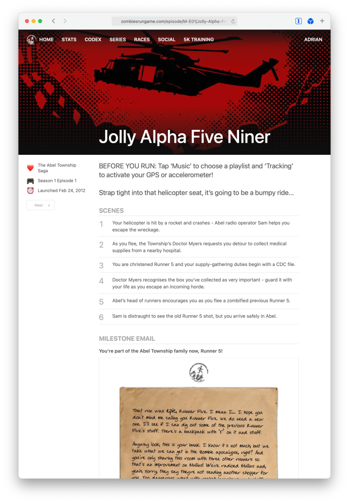 Screenshot of Jolly Alpha Five Niner ZombieLink page, with milestone email
