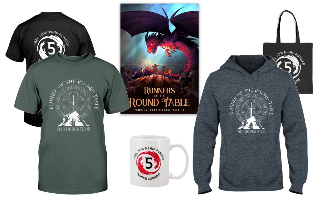 T-Shirts, hoodie, tote bag, mug, and poster featuring Runners of the Round Table with dragon and Semper Currens design