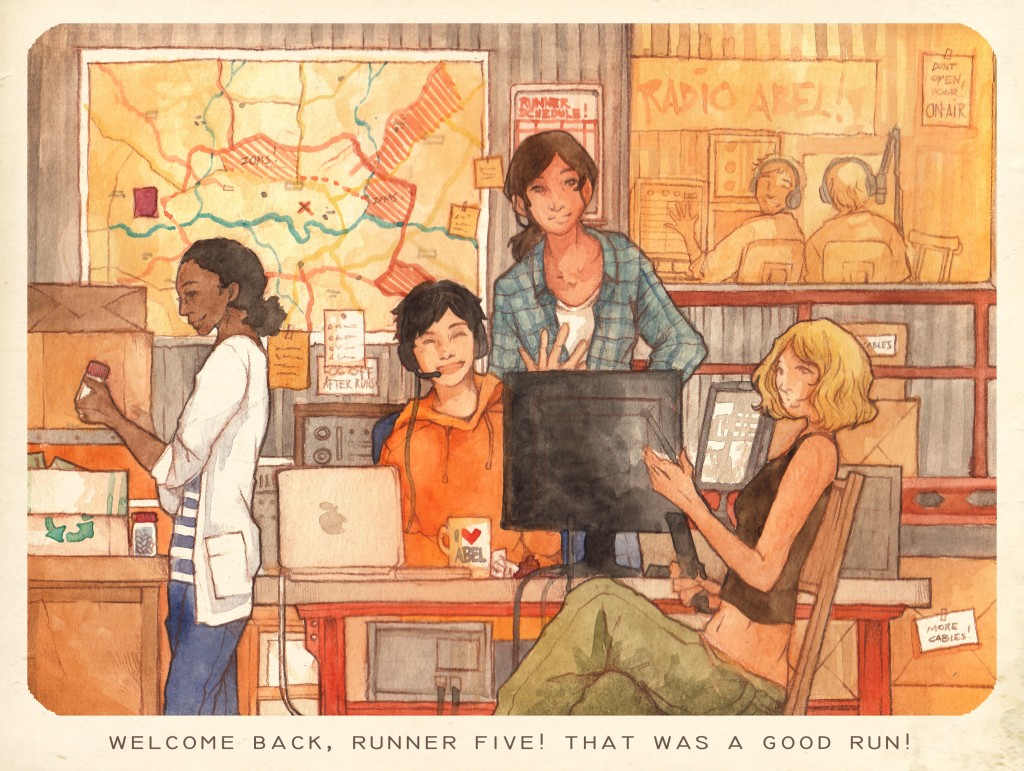 Illustration of people in a radio shack welcoming us, with the caption "Welcome back, Runner Five! That was a good run!"