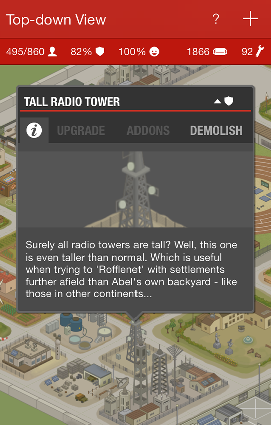 Screenshot of a tile-based base with a "Tall Radio Tower" selected