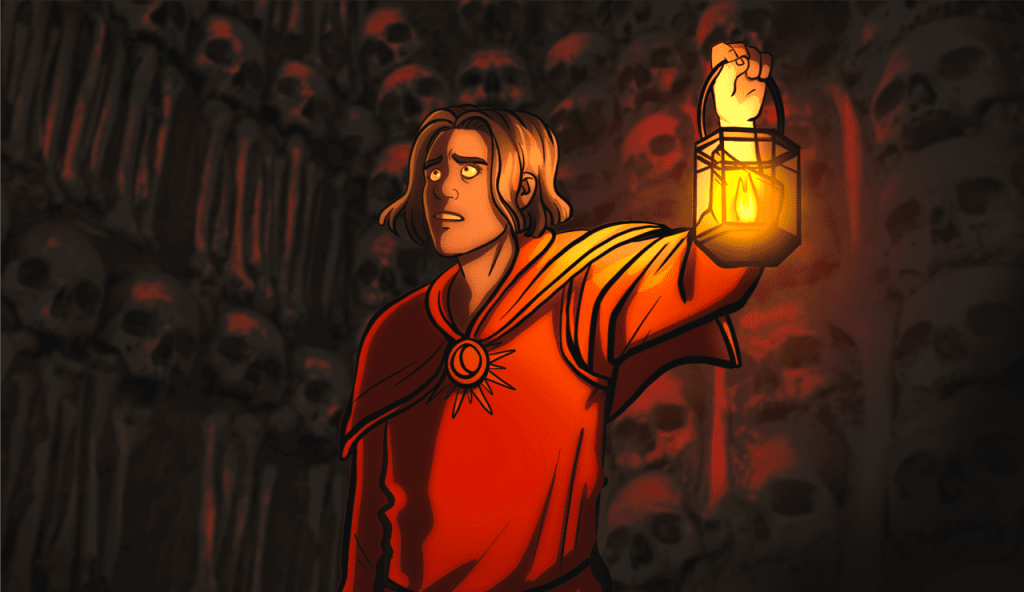 A figure wearing a cloak and holding a lantern stares in horror at something off-screen