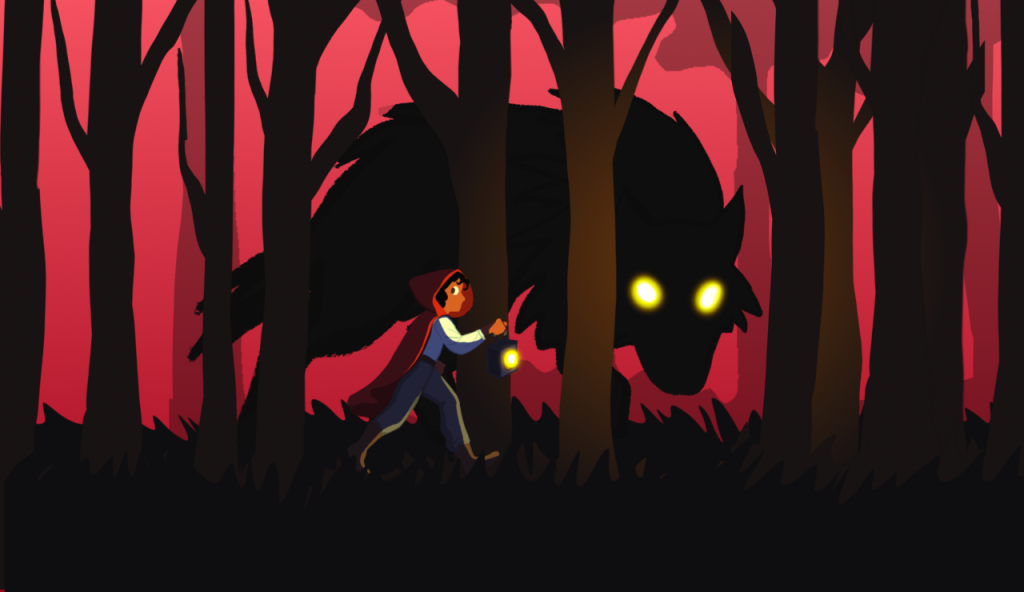 A little girl walks through the woods, while a giant silhouette of a wolf with glowing eyes follows her
