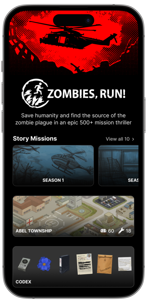 Screenshot of Zombies, Run! brand screen with Story Missions and modules for Abel Township and Codex