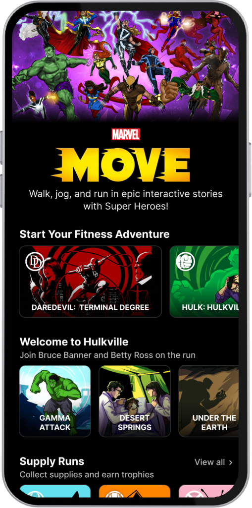 Screenshot of Marvel Move brand screen, showing different episode types