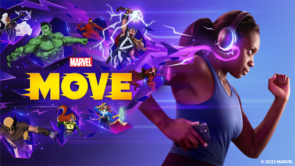 Marvel Move banner with woman running past Hulk, Wolverine, Thor, Loki, Jean Grey, and other heroes