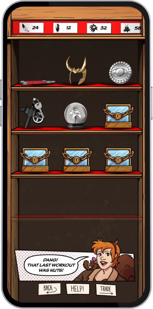 Screenshot of Trophy Cabinet, with locked chests and Loki's helmet
